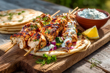 traditional greek chicken souvlaki skewers served with pita bread and tzatziki sauce on a wooden board