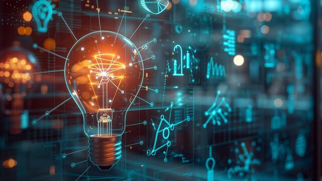 Animated lightbulb glowing with data connections, innovation hub, tech visualization, digital, futuristic interface, concept, neural network.
