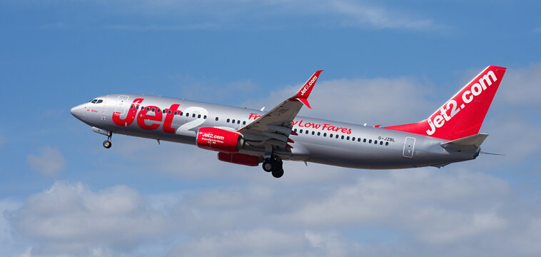 Tenerife, Spain february 6st, 2026. Boeing 737-8MG Jet2 airlines, flies in the blue sky. Takeoff at Tenerife Airport