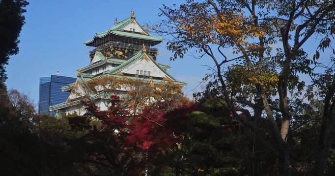 Smooth steady cam in on majestic 16th century Osaka castle during autumn season