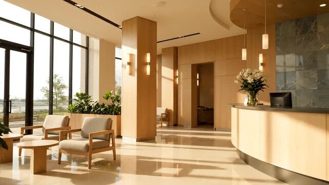 Contemporary hotel lobby with a bright reception desk, inviting seating, and large windows. Modern design creates a welcoming and luxurious space for guests