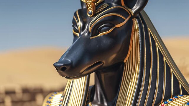 4k video of Anubis standing in Egyptian desert.