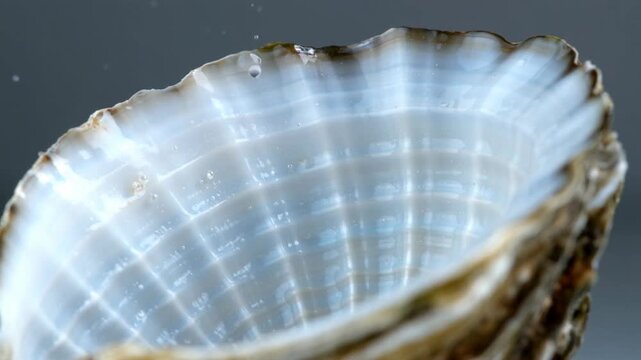 Close-up view of an iridescent seashell showing intricate patterns and smooth textures against a neutral background