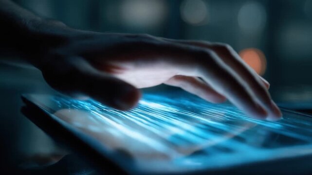 Technology Touch: A close-up shot captures a person's hand interacting with a tablet. The fingers dance across the screen, initiating a world of innovation, knowledge, and digital interaction.