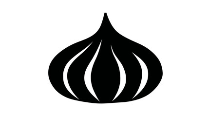 A monochrome depiction of a bulbous, stylized form with curved inward details, on a white background