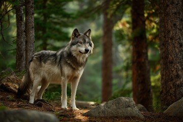 Fototapeta premium Majestic Wild Wolf in Coniferous Forest