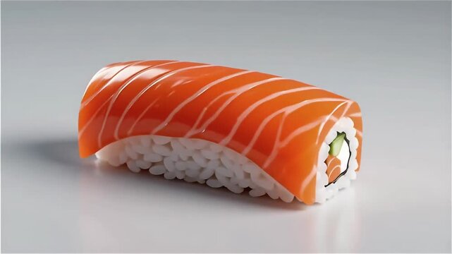 Close-up view of sushi featuring vibrant salmon topping on white rice, highlighting its glossy texture and delicate layering