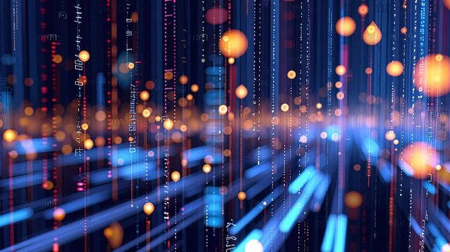 Abstract digital data streams cascading through cyber space, glowing orbs and binary code, futuristic tech background, virtual information flow, digital network visualization.