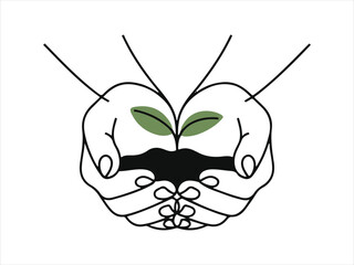 Hand holding young plant sprout vector line art growth concept graphic design. Green Line Art of Hands Holding Soil and Sprout on a White Background