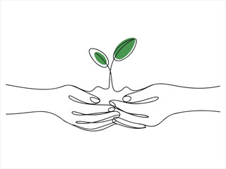 Hand holding young plant sprout vector line art growth concept graphic design. Green Line Art of Hands Holding Soil and Sprout on a White Background