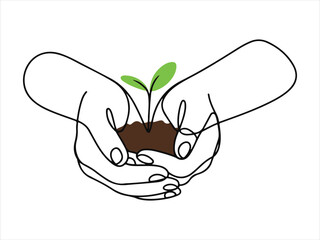 Hand holding young plant sprout vector line art growth concept graphic design. Green Line Art of Hands Holding Soil and Sprout on a White Background