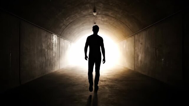 A silhouette of a man walking through a dark tunnel. The background is illuminated with a bright light, creating a dramatic contrast.