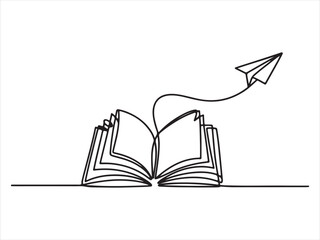 Continuous One Line Drawing of Open Book with Paper Plane vector on white background illustration 