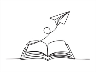 Continuous One Line Drawing of Open Book with Paper Plane vector on white background illustration 