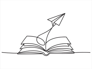 Continuous One Line Drawing of Open Book with Paper Plane vector on white background illustration 