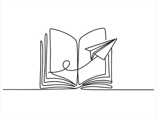 Continuous One Line Drawing of Open Book with Paper Plane vector on white background illustration 
