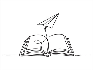 Continuous One Line Drawing of Open Book with Paper Plane vector on white background illustration 