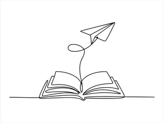 Continuous One Line Drawing of Open Book with Paper Plane vector on white background illustration 