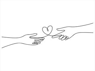 Two hands delicately hold a continuous black line forming a heart shape, Continuous Line Hands Forming Heart Connection Illustration