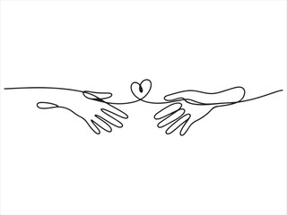 Two hands delicately hold a continuous black line forming a heart shape, Continuous Line Hands Forming Heart Connection Illustration