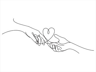 Two hands delicately hold a continuous black line forming a heart shape, Continuous Line Hands Forming Heart Connection Illustration
