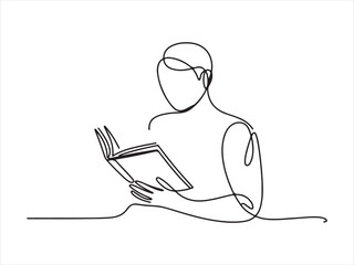Continuous One Line Drawing of a Woman Reading a Book, Continuous Line Man Reading Book Minimal One Line Art Illustration