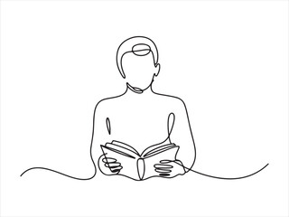 Continuous One Line Drawing of a Woman Reading a Book, Continuous Line Man Reading Book Minimal One Line Art Illustration