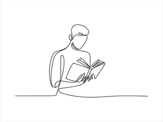 Continuous One Line Drawing of a Woman Reading a Book, Continuous Line Man Reading Book Minimal One Line Art Illustration