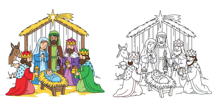 Christmas nativity scene with Holy Family and Three Wise Men vector illustration set featuring colorful cartoon characters and black and white outline for coloring book page