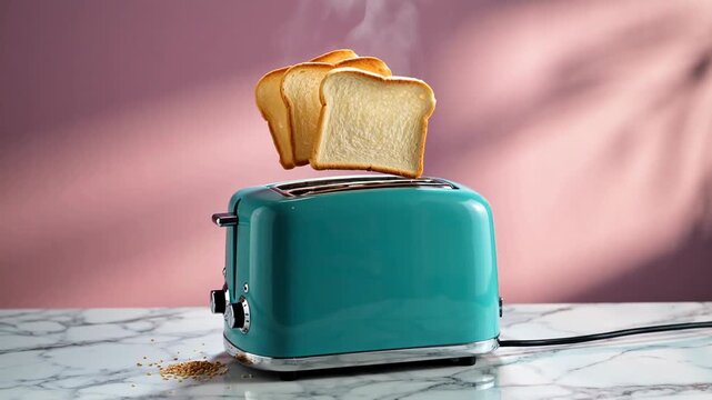 Colorful retro toaster with golden brown toast emitting steam on a marble countertop against a pink backdrop