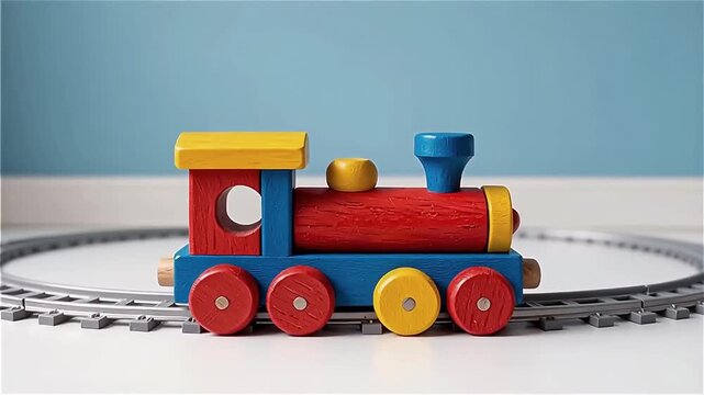 Colorful wooden toy train resting on a circular track with a light blue background, evoking a playful atmosphere, ideal for children