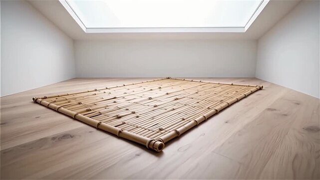 Cozy interior space featuring a natural woven rug on a light wooden floor beneath a skylight