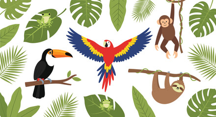 Naklejka premium Tropical jungle animals illustration set with parrot toucan monkey sloth frog and green leaves flat vector