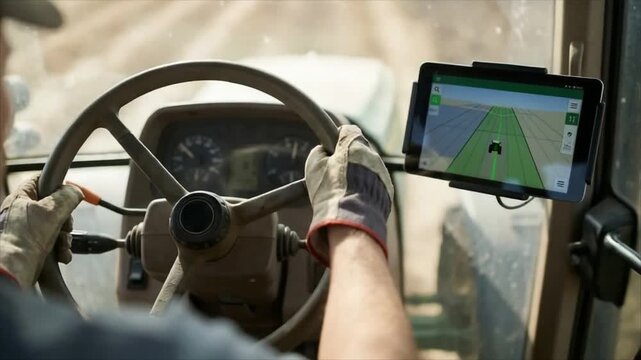 Man steering a tractor with tablet navigation for precise farming. Precision agriculture technology for rural fieldwork.