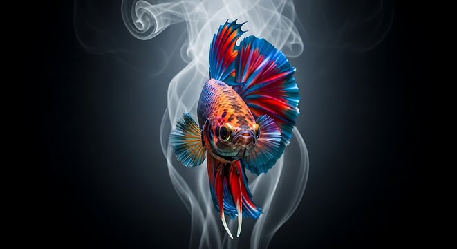 A striking betta fish, showcasing vibrant red, blue, and orange fins, poses majestically against a dark background with elegant white smoke