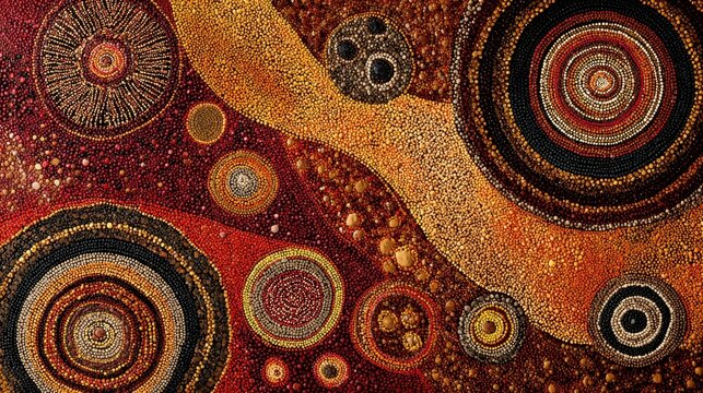 Traditional Aboriginal dot painting style abstract artwork with concentric circles and earthy tones