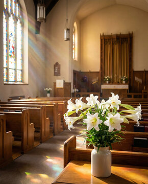 White lilies in vase church interior stained glass sun rays religion easter