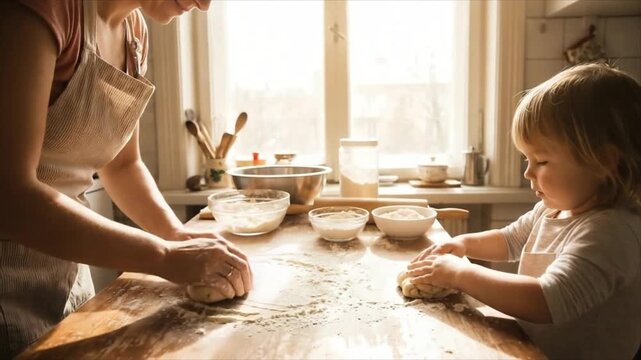 Mother and child kneading dough together at a sunlit kitchen table, a heartwarming family activity for baking and cooking.