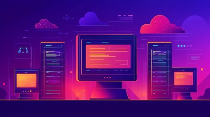 Vibrant purple computer screen displaying abstract digital art with geometric patterns and gradients.