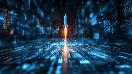 Futuristic metropolis at dusk advanced cityscape with rocket launching skyward advanced city skyline rocket ascends through twilight sky.