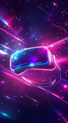 Immersive futuristic virtual reality environment with glowing neon lights and digital interfaces.