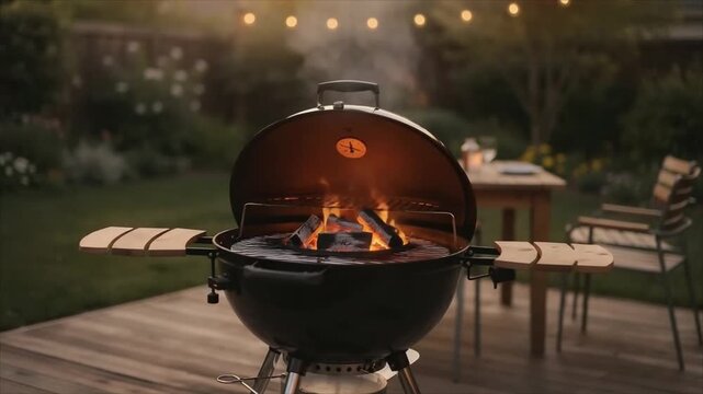 Backyard charcoal grill with burning embers and smoke, preparing for barbecue outdoors on a wooden deck in the evening.