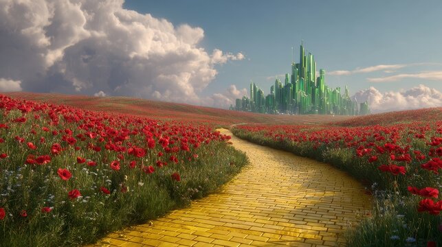 Yellow brick road winding through a vibrant field of red poppies leading to a distant emerald green city