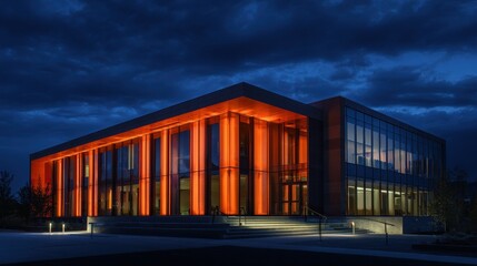 Fototapeta premium Contemporary office building exterior with glowing orange lights at night