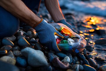Close-up of a gloved hand collecting colorful plastic waste from a rocky beach, showcasing environmental awareness and the importance of cleaning our oceans