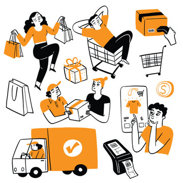 Illustration Set in Hand-Drawn Doodle Style featuring Customer Experience and Shipping Process
