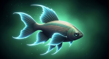 Fototapeta premium A luminous aqua blue glowing fish with intricate scales and fanned fins swims gracefully in a tranquil green light, showcasing its ethereal beauty