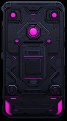 A futuristic cyberpunk smartphone interface featuring a dark armored chassis with neon pink glowing accents.