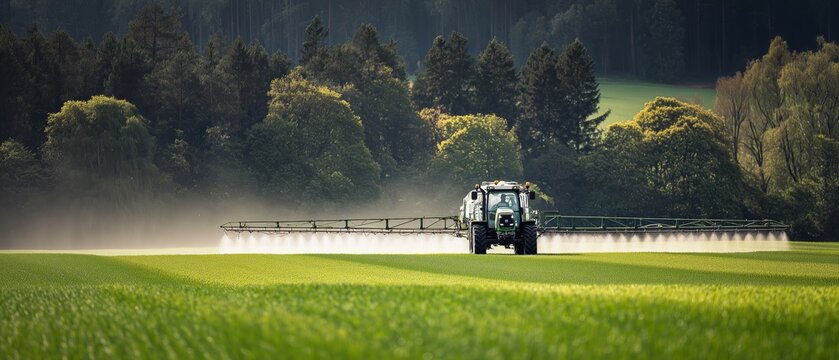 Modern Tractor Spraying Green Agricultural Fields. Tractor spraying crops in a vast green field during daylight hours in a rural agricultural setting