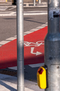 Bicycle bike lane signal on pole near crossing with red asphalt marking in Hamburg showing controlled traffic and cycling priority